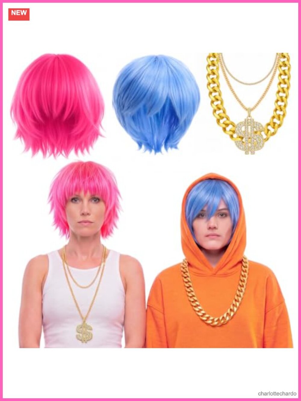 Rapper Costume Accessory Set 5 Piece Wigs Necklaces Cosplay Halloween